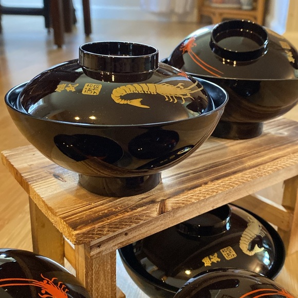 Dining | Vintage Japanese Black Lacquer Rice Bowls Wlids Set Of 5 Made ...